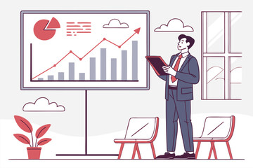 Poster - Business professional presents growth data during a corporate meeting, showcasing a detailed chart and indicators of success in a bright office environment