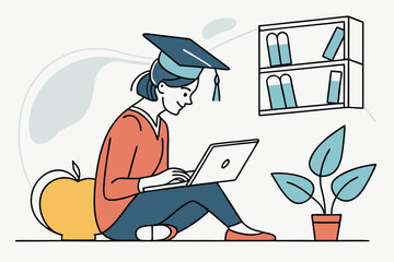 Poster - Student studying on a laptop with a graduation cap in a cozy corner featuring books and a plant