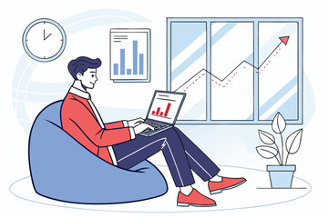 Poster - Professional working on a laptop while analyzing data charts in a modern office setting with a plant and a clock nearby