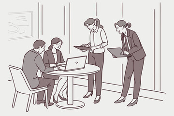 Poster - Business meeting with colleagues discussing project updates in a modern office during daytime