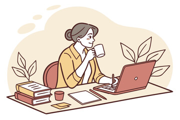 Poster - Woman working on a laptop while enjoying coffee in a cozy workspace surrounded by books and plants during the morning