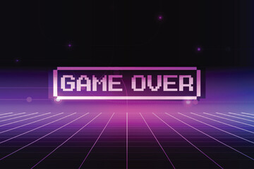 Poster - Game Over. Retro Futurism Sci-Fi Background. glowing neon grid. and stars from vintage arcade computer games, 3D game.