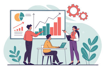 Poster - Team conducting a business presentation focusing on data analysis and growth strategies in a modern office setting with visual graphs