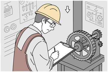 Aufkleber - Worker inspects machinery with clipboard in industrial setting during daylight hours