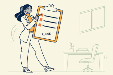 Poster - Professional woman presenting a checklist of rules in a modern office environment during a work meeting to emphasize organizational policies and guidelines