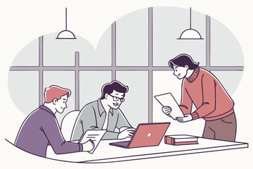 Poster - Group of professionals engaged in a collaborative discussion while reviewing documents and working on a laptop in a well-lit office setting