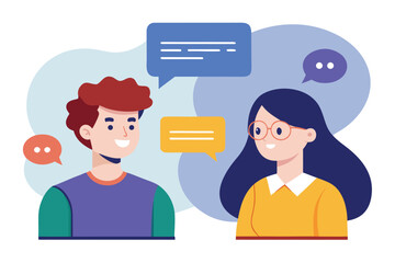 Poster - Engaging conversation between a man and a woman illustrated with colorful speech bubbles in a friendly and modern design