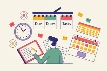 Fototapete - Planning and organizing tasks with due dates and calendars in a creative workspace environment