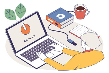 Poster - Person backing up data on a laptop while seated at a desk with a cup of coffee and an open notebook, illustrating a productive work environment