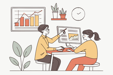 Poster - Two colleagues working together at a desk while analyzing data on a computer with charts and graphs displayed in an office setting during daytime