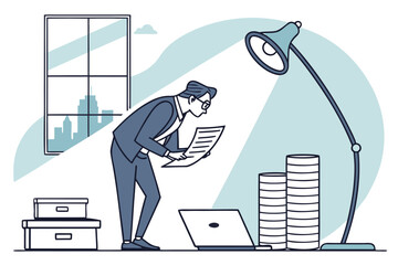 Poster - Person analyzing documents while standing next to a desk and stacks of coins in a modern office environment during the day
