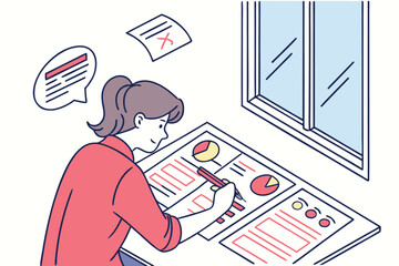 Poster - Analyzing data and creating reports in a bright workspace during the day with a focus on graphs and charts