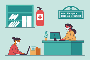 Poster - Organizational workspace with two individuals working, emphasizing cleanliness and safety practices in a modern office setting