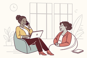 Aufkleber - Two women engaged in conversation while one works on a laptop in a cozy indoor setting during the day