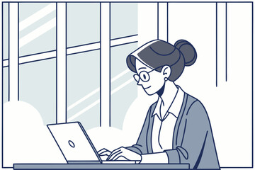 Poster - Woman working on laptop at a desk by the window during daytime with natural light illuminating the workspace