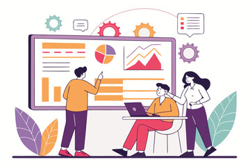 Poster - Analytics meeting in a modern office with three colleagues discussing data trends at a digital screen during a work session