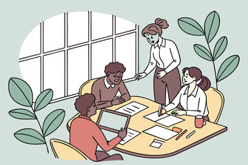 Poster - Group of professionals collaborating on a project in a bright office setting with plants