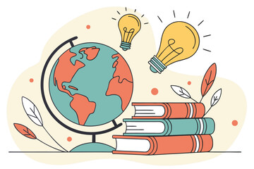 Poster - Globe with books and light bulbs representing learning and exploration in education and knowledge
