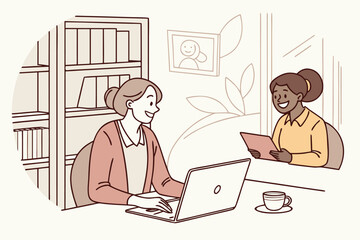 Aufkleber - Two women engaged in a friendly conversation while working on laptops in a cozy office setting with a warm atmosphere and bookshelves in the background