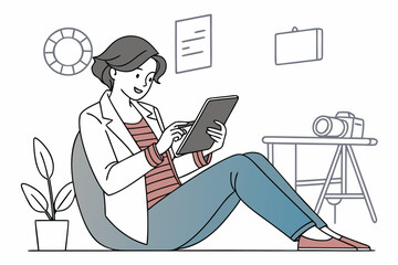 Poster - Engaging with a tablet while seated comfortably in a modern workspace with creative decorations and a camera nearby during a quiet afternoon