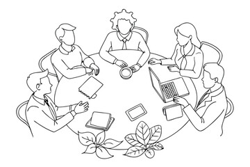 Poster - Collaborative brainstorming session taking place around a circular table with diverse individuals engaged in discussion