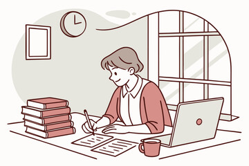 Poster - Student studying at a table with books and a laptop during the daytime in a cozy indoor setting