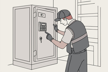 Aufkleber - Technician working on a safe with a keypad in a secure environment, focusing on access mechanisms to ensure security compliance in a storage area