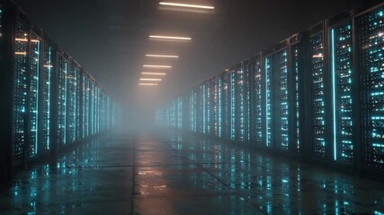 Poster - Data Center's Cyber Vista: A futuristic view unfolds down a server room corridor, highlighting a vast array of interconnected servers aglow with digital energy.