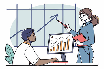 Poster - Office workers collaborate on data analysis and strategy development while reviewing charts during a productive team meeting