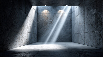 Poster - Dimly lit concrete room with beams of light streaming through ceiling, creating dramatic atmosphere