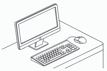 Poster - Minimalist computer setup featuring a monitor, keyboard, and mouse on a desk with a clean design and outlines emphasizing simplicity