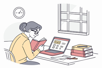 Poster - Reading a book while studying online at a desk near a window during the day