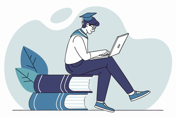 Poster - Graduate student writing on laptop while sitting on large books, surrounded by leaves in a modern workspace setting