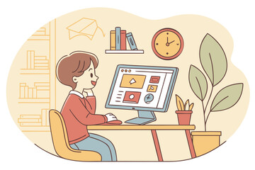 Poster - Student working on a computer project in a cozy study with bookshelves and a clock, showcasing a peaceful learning environment in the afternoon