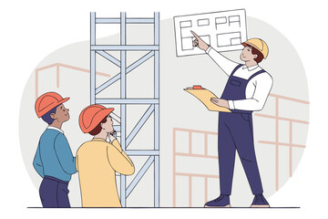 Poster - Construction workers discussing project plans at a building site while examining a scaffold and blueprints in progress