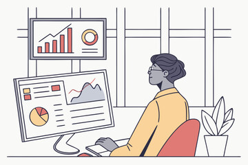 Poster - Data analyst reviewing performance metrics on computer screen with charts and graphs in a modern office setting