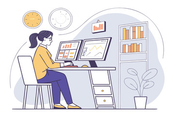Poster - Professional woman working at a desk with dual monitors displaying data analytics charts in a well-organized office environment during daytime