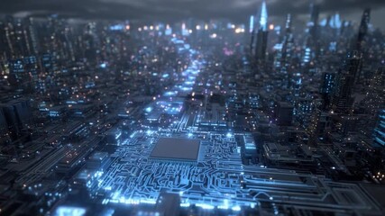 Poster - Digital Metropolis: A sprawling cityscape, pulsating with digital energy, a nexus of technology, data, and innovation. The image explores the convergence of physical and digital realms.