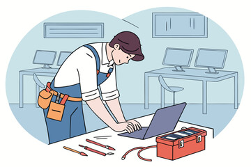 Poster - Technician working on a laptop at a tech repair shop during the day