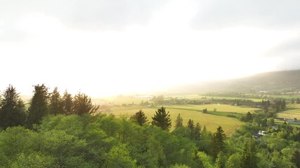 Wall Mural - This peaceful countryside scene captures the transition from dawn mist to golden sunlight, revealing a tapestry of forest, farmland, and distant mountain slopes in a remote valley.