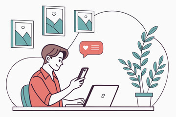 Aufkleber - Young man engaging with smartphone while working on laptop at home with artwork on walls and a plant beside him