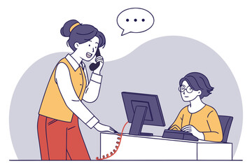 Poster - Businesswoman communicating on the phone while coworker works at a computer in modern office setting during daytime