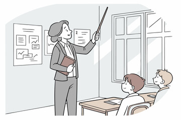 Poster - Teacher conducts a lesson with students in classroom setting during daytime while using a pointer to highlight key concepts on the board