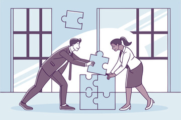 Poster - Team members collaborate to solve a puzzle in a bright office environment during a teamwork exercise aimed at enhancing communication skills and problem-solving abilities