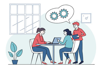 Poster - Collaboration among coworkers in an office setting focused on problem-solving and idea sharing with technology in an inviting workspace