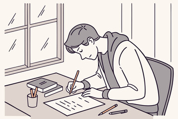 Poster - Student engaged in focused study session while writing notes at a cozy desk near a sunny window in a tidy room filled with books