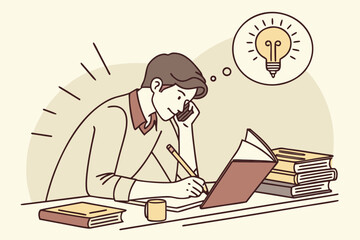 Poster - Individual writing notes while talking on the phone in a study setting surrounded by books and a creative thinking bubble