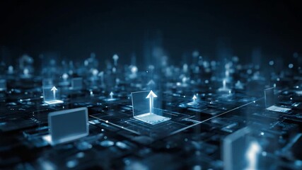 Poster - Cybernetic Nexus: A futuristic display of interconnected laptops and flowing data streams, conveying the essence of seamless technological integration and global connectivity.