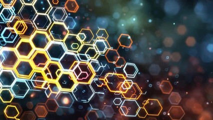Poster - Abstract Hexagonal Composition: A vibrant and dynamic artwork featuring an intricate array of interconnected hexagonal cells, illuminated with a captivating interplay of light and color.