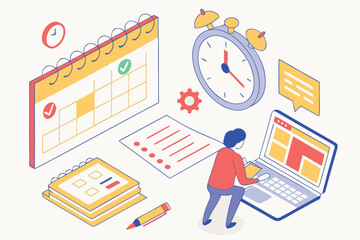 Poster - Organizing tasks and managing time with schedule tools in a digital workspace setup featuring a calendar, clock, and user at a laptop
